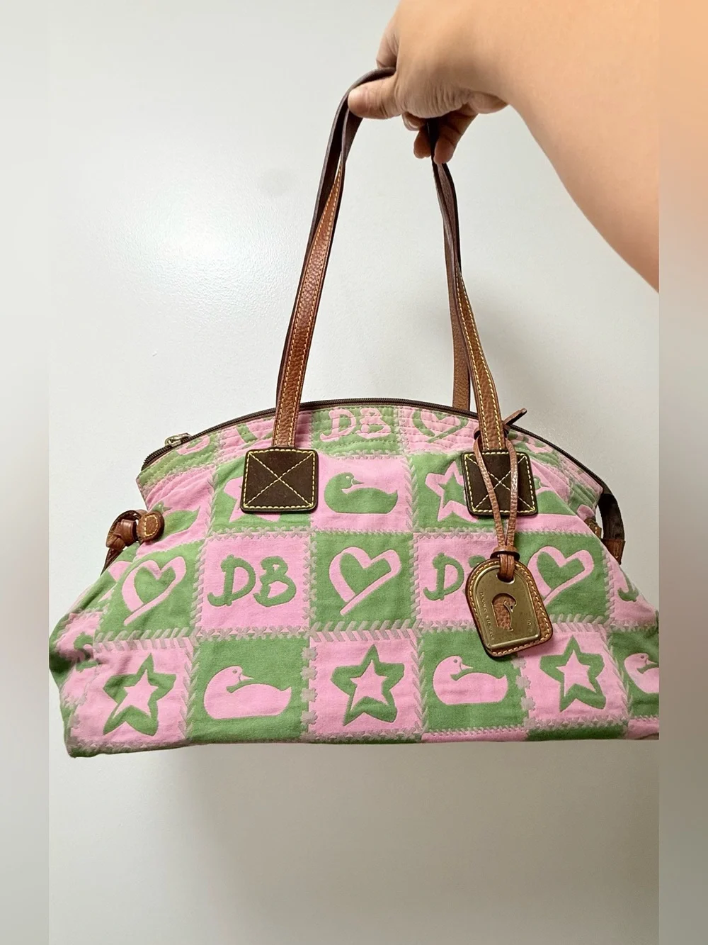 Dooney & Bourke Pink and Green Patchwork Canvas Satchel